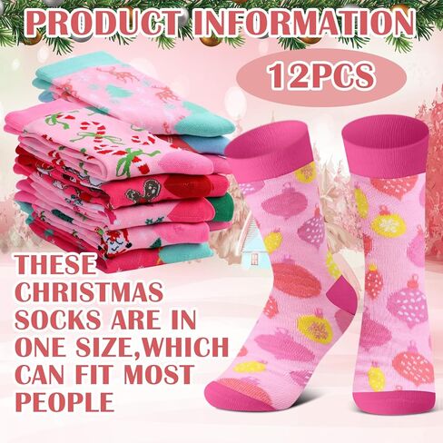 Ramede 12 Pairs Pink Christmas Socks for Women Bulk with Snowman Santa Xmas Crew Socks Holiday Gift for Stocking Stuffer Party Favors in Saudi Arabia