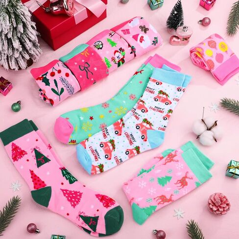 Ramede 12 Pairs Pink Christmas Socks for Women Bulk with Snowman Santa Xmas Crew Socks Holiday Gift for Stocking Stuffer Party Favors in Saudi Arabia