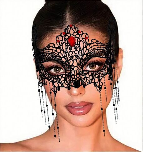 Ursumy Masquerade Mask for Women Rhinestone Lace Mask Tassel Mardi Gras Mask Sparkle Crystal Half Face Mask for Party in Saudi Arabia