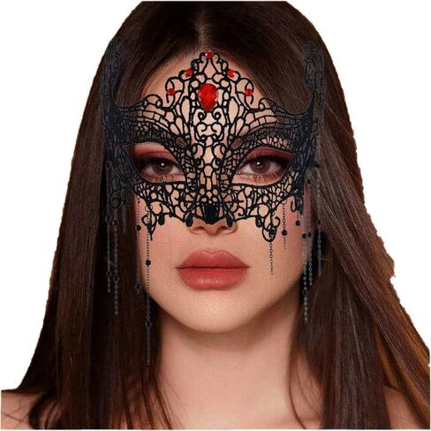 Ursumy Masquerade Mask for Women Rhinestone Lace Mask Tassel Mardi Gras Mask Sparkle Crystal Half Face Mask for Party in Saudi Arabia
