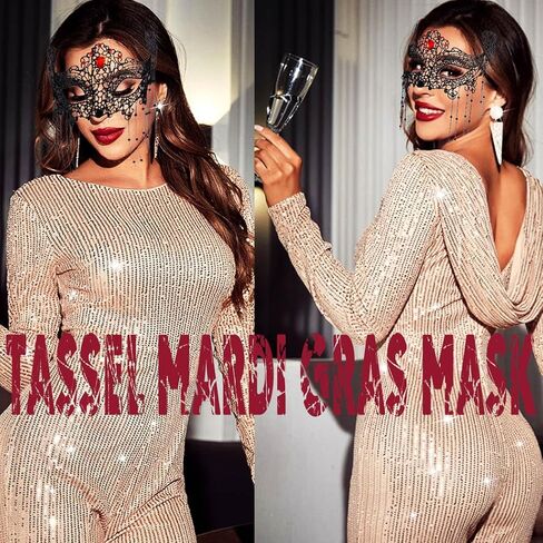 Ursumy Masquerade Mask for Women Rhinestone Lace Mask Tassel Mardi Gras Mask Sparkle Crystal Half Face Mask for Party in Saudi Arabia