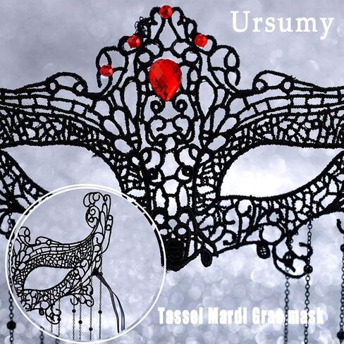 Ursumy Masquerade Mask for Women Rhinestone Lace Mask Tassel Mardi Gras Mask Sparkle Crystal Half Face Mask for Party in Saudi Arabia