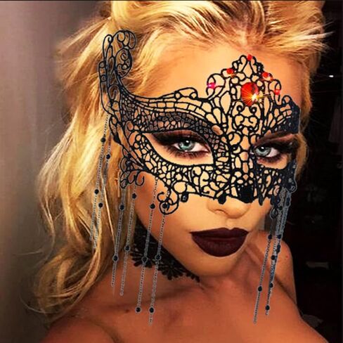 Ursumy Masquerade Mask for Women Rhinestone Lace Mask Tassel Mardi Gras Mask Sparkle Crystal Half Face Mask for Party in Saudi Arabia