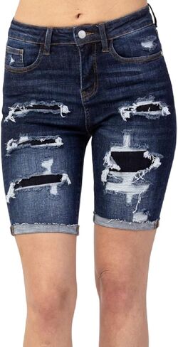 Judy Blue Patch Destroyed Bermuda Shorts! These Will Become A Favorite! (Style: 150115) (Medium) Blue in Saudi Arabia