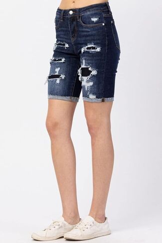 Judy Blue Patch Destroyed Bermuda Shorts! These Will Become A Favorite! (Style: 150115) (Medium) Blue in Saudi Arabia