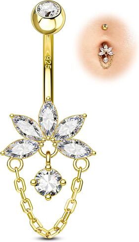 COCHARM Lotus 14K Gold Plated Belly Button Rings 925 Sterling Silver Belly Button Ring Dangle Navel Piercing Jewelry 10MM in Saudi Arabia