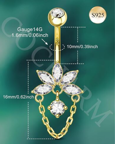 COCHARM Lotus 14K Gold Plated Belly Button Rings 925 Sterling Silver Belly Button Ring Dangle Navel Piercing Jewelry 10MM in Saudi Arabia