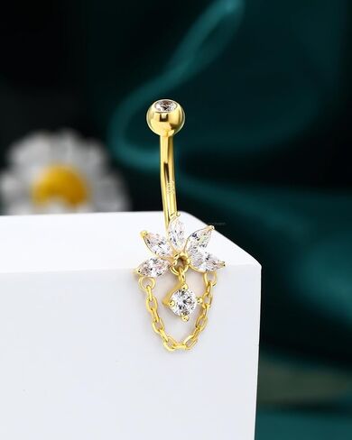 COCHARM Lotus 14K Gold Plated Belly Button Rings 925 Sterling Silver Belly Button Ring Dangle Navel Piercing Jewelry 10MM in Saudi Arabia
