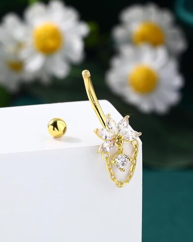 COCHARM Lotus 14K Gold Plated Belly Button Rings 925 Sterling Silver Belly Button Ring Dangle Navel Piercing Jewelry 10MM in Saudi Arabia