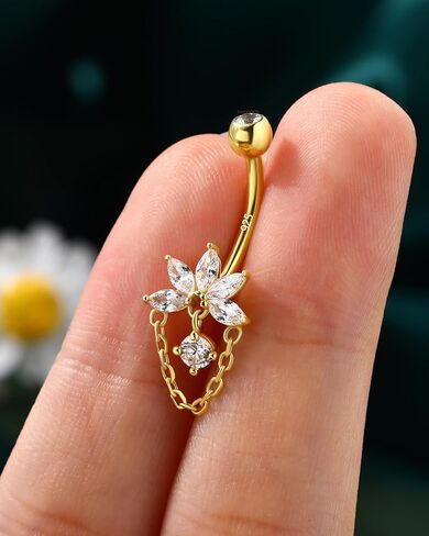 COCHARM Lotus 14K Gold Plated Belly Button Rings 925 Sterling Silver Belly Button Ring Dangle Navel Piercing Jewelry 10MM in Saudi Arabia