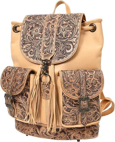 American Darling Western Backpack Handcrafted from Hand Tooled Genuine Leather | Floral Carved Flap & Dual Front Buckle Pockets in Saudi Arabia