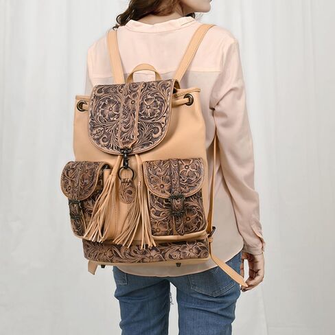American Darling Western Backpack Handcrafted from Hand Tooled Genuine Leather | Floral Carved Flap & Dual Front Buckle Pockets in Saudi Arabia