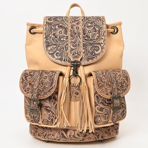 American Darling Western Backpack Handcrafted from Hand Tooled Genuine Leather | Floral Carved Flap & Dual Front Buckle Pockets in Saudi Arabia