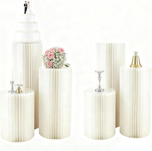 Karida 6 Pack Portable White Cylinder Stands for Party, 31.5", 23.6", 15.7" Height Foldable Cardboard Tall Cake Pedestal Stand Pillar Table Stand Event Plinth, cilindros para fiestas redondos blancos for Wedding Parties in Saudi Arabia