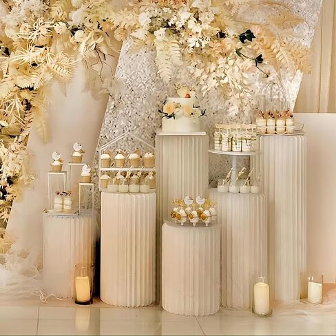Karida 6 Pack Portable White Cylinder Stands for Party, 31.5", 23.6", 15.7" Height Foldable Cardboard Tall Cake Pedestal Stand Pillar Table Stand Event Plinth, cilindros para fiestas redondos blancos for Wedding Parties in Saudi Arabia