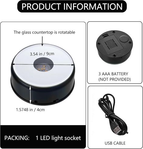قاعدة LED دوارة مكونة من قطعتين مع كابل USB، قاعدة عرض كريستالية صامتة قابلة للدوران، مناسبة لعرض البلورات والنظارات والمجوهرات والأعمال الفنية والهدايا (أسود، ضوء دافئ) in Kuwait
