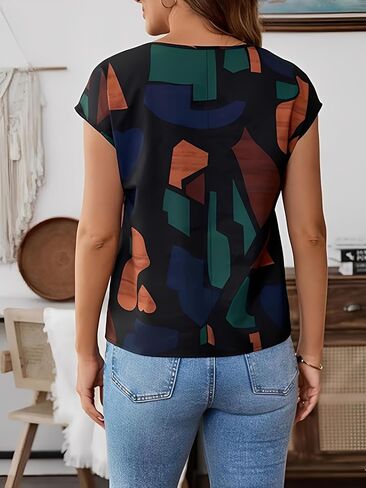 2026 Women's Blouse Geometric Print Short Sleeve Crew Neck Summer Blouses Tops in Saudi Arabia