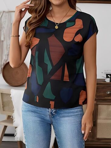2026 Women's Blouse Geometric Print Short Sleeve Crew Neck Summer Blouses Tops in Saudi Arabia