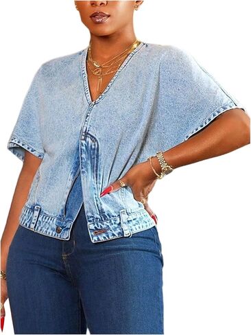 SOLY HUX Women's Denim Tops V Neck Short Sleeve Split Zipper Front Jean Shirt Blouse in Kuwait