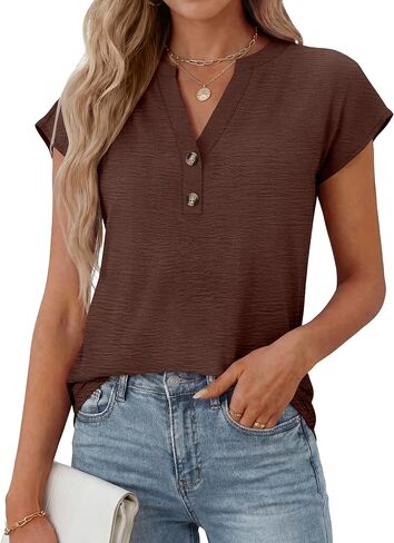 ANRABESS Womens Short Cap Sleeve Blouses Dressy Casual V Neck Summer Work Shirts Textured Loose Henley Tops Trendy Outfits in Saudi Arabia