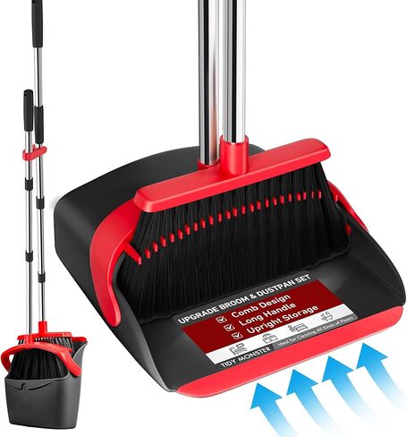 Broom and Dustpan Set, Large Upright Brooms and Dust Pans with 52" Long Handle, Self-Cleaning with Dustpan Teeth for Kitchen, Office Lobby, Living Room, Kitchen, Garden in Kuwait