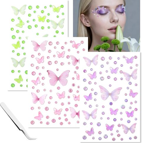 Iridescent Butterfly Face Eye Stickers, Self-Adhesive Face Jewels, Gem Stickers for Makeup, Assorted Sizes Rhinestones Stickers, Gems for Face - Body - Hair - Eye - Ear-Nail (Clear&Butterfly) in Kuwait