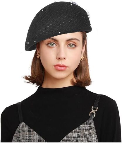 Vintage Wool French Beret Hat with Mesh Veil, Crystal Brooch Accent, Classic Beanie Winter Cap in Saudi Arabia