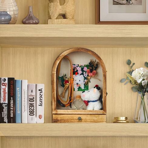 صندوق ظلال الحيوانات الأليفة التذكاري - تصميم قوس أنيق مع 3 طبقات، هدية تعاطف لفقد الحيوانات الأليفة، صندوق تذكار خشبي للرماد والصور والطوق (مثبت على الحائط أو سطح الطاولة) in Kuwait