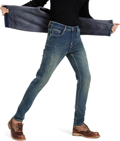 Men’s Fleece Lined Jeans Athletic Taper Stretch Thermal Pants Ripped Patched Winter Street Style in Saudi Arabia