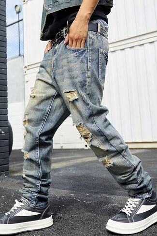 بنطال جينز ممزق بقصة مستقيمة للرجال - Y2K Streetwear بنطال جينز ممزق غير قابل للتمدد in Saudi Arabia