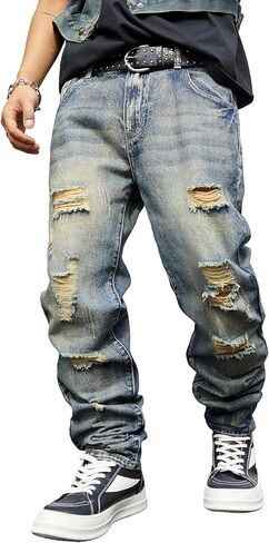 بنطال جينز ممزق بقصة مستقيمة للرجال - Y2K Streetwear بنطال جينز ممزق غير قابل للتمدد in Saudi Arabia