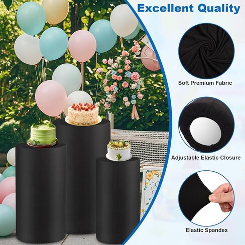 Cylinder Pedestal Covers, Set of 3 Spandex Display Cylinder Covers, Only Elastic Cloth Plinth Pillar Cover for Birthday Party Wedding Baby Shower Dessert Tables Decor(S+M+L, Black) in Kuwait