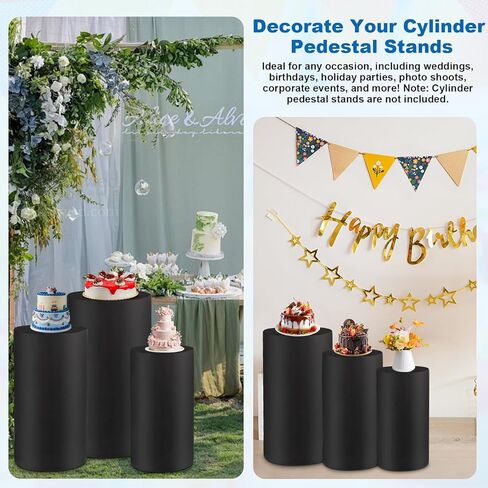 Cylinder Pedestal Covers, Set of 3 Spandex Display Cylinder Covers, Only Elastic Cloth Plinth Pillar Cover for Birthday Party Wedding Baby Shower Dessert Tables Decor(S+M+L, Black) in Kuwait