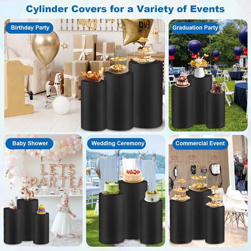 Cylinder Pedestal Covers, Set of 3 Spandex Display Cylinder Covers, Only Elastic Cloth Plinth Pillar Cover for Birthday Party Wedding Baby Shower Dessert Tables Decor(S+M+L, Black) in Kuwait