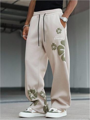 Men's Floral Graphic Sweatpants Drawstring Waisted Wide Leg Trousers Athletic Pants in Saudi Arabia