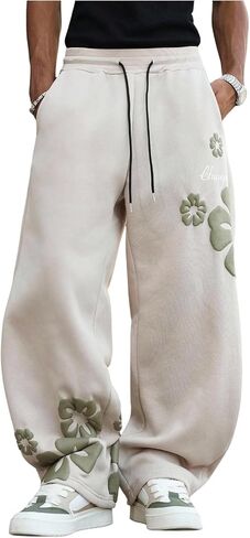Men's Floral Graphic Sweatpants Drawstring Waisted Wide Leg Trousers Athletic Pants in Saudi Arabia