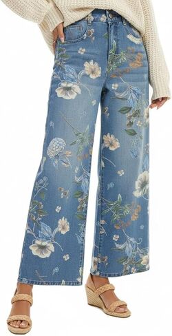 Women's High Waist Wide Leg Floral Printed Jeans Vintage Barrel Denim Pants Y2K Casual Patchwork Cute Jeans for Women in Saudi Arabia