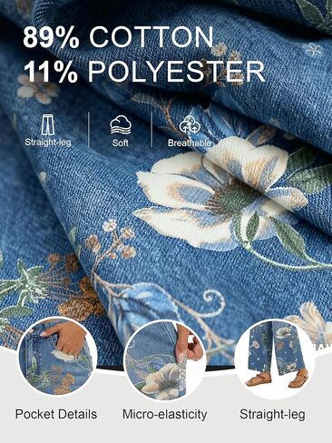 Women's High Waist Wide Leg Floral Printed Jeans Vintage Barrel Denim Pants Y2K Casual Patchwork Cute Jeans for Women in Saudi Arabia