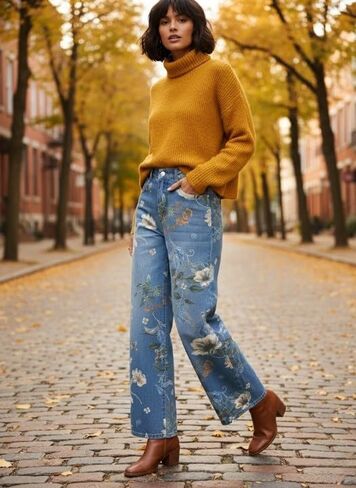 Women's High Waist Wide Leg Floral Printed Jeans Vintage Barrel Denim Pants Y2K Casual Patchwork Cute Jeans for Women in Saudi Arabia
