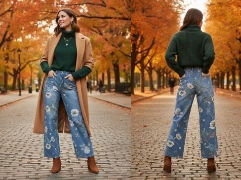 Women's High Waist Wide Leg Floral Printed Jeans Vintage Barrel Denim Pants Y2K Casual Patchwork Cute Jeans for Women in Saudi Arabia
