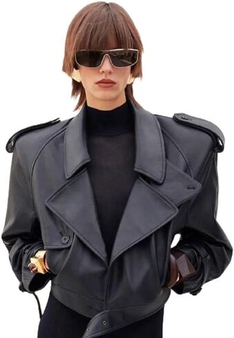 Genuine Sheepskin Minimalist Black Leather Jacket for Women Wide shoulder, Cropped, Light Fashionable in Biker Style in Saudi Arabia
