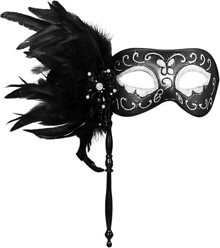 Womens Masquerade Mask with Stick and Feather: Handheld Costume Mardi Gras Venetian Party Masks Halloween Decoration in Saudi Arabia