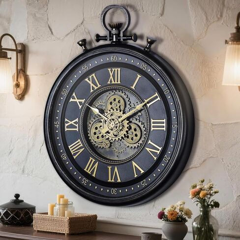 AYRELY® 24IN ساعة حائط كبيرة مزخرفة بمعدات متحركة، تروس Steampunk صناعية كبيرة الحجم، ساعة حائط بأرقام كبيرة لديكور غرفة المعيشة الحديثة (أسود كربوني) in Saudi Arabia