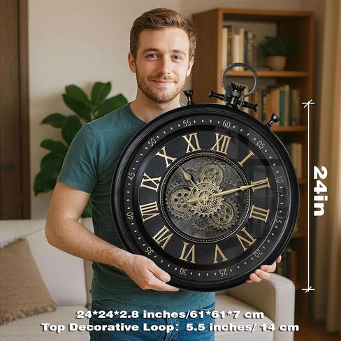 AYRELY® 24IN ساعة حائط كبيرة مزخرفة بمعدات متحركة، تروس Steampunk صناعية كبيرة الحجم، ساعة حائط بأرقام كبيرة لديكور غرفة المعيشة الحديثة (أسود كربوني) in Saudi Arabia