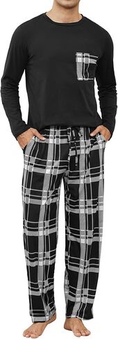 Men's Pajama Set Cotton Mens Pjs Sets Long Sleeve T-Shirt and Plaid Pants Sleepwear Lightweight Soft Loungewear in Saudi Arabia