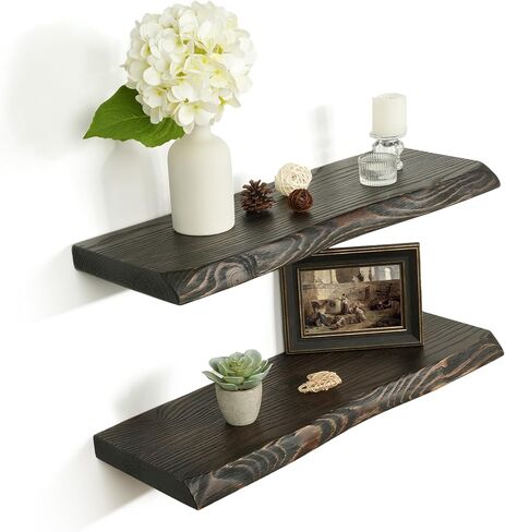 32 Inch Wooden Floating Shelves for Wall Set of 2, Finnish Spruce Solid Wood Shelf, Natural Wood Floating Shelves for Living Room, Bathroom, Bedroom, Kitchen, Brown Finish in Kuwait