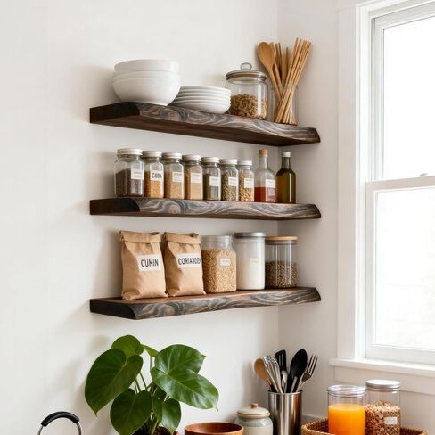 32 Inch Wooden Floating Shelves for Wall Set of 2, Finnish Spruce Solid Wood Shelf, Natural Wood Floating Shelves for Living Room, Bathroom, Bedroom, Kitchen, Brown Finish in Kuwait