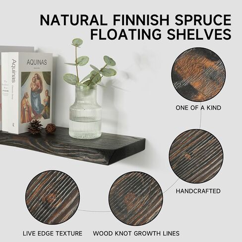 32 Inch Wooden Floating Shelves for Wall Set of 2, Finnish Spruce Solid Wood Shelf, Natural Wood Floating Shelves for Living Room, Bathroom, Bedroom, Kitchen, Brown Finish in Kuwait