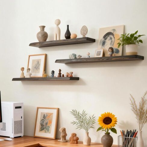 32 Inch Wooden Floating Shelves for Wall Set of 2, Finnish Spruce Solid Wood Shelf, Natural Wood Floating Shelves for Living Room, Bathroom, Bedroom, Kitchen, Brown Finish in Kuwait