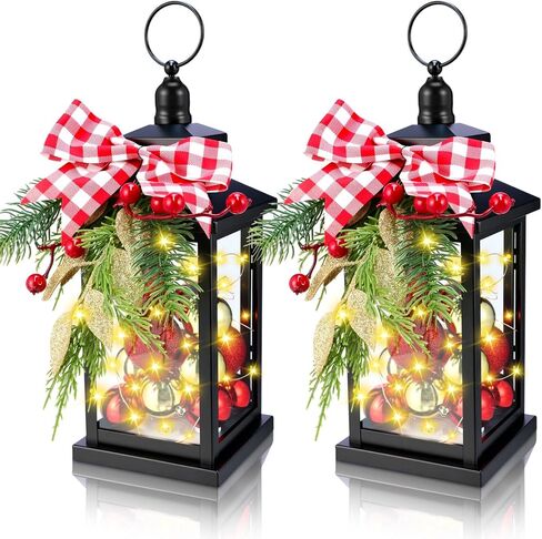 Honoson 2 Pcs Christmas Lanterns Decorative with LED String Lights Metal Hanging Xmas Vintage Lantern with Red Ribbon Berry for Indoor Outdoor Xmas Home Porch Party Decor(Bow) in Saudi Arabia